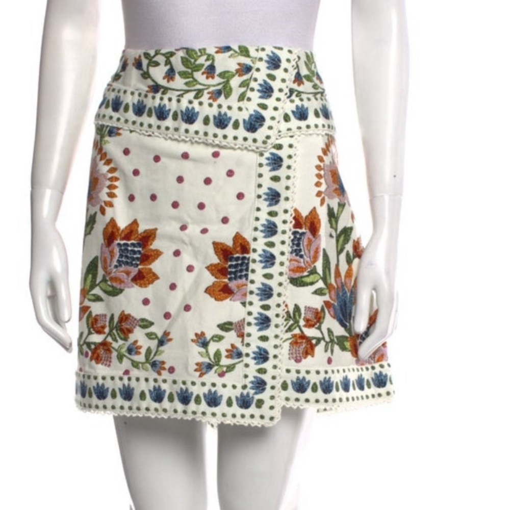 FARM Rio Floral Embroidered Mini Skirt - White, Blue, Orange